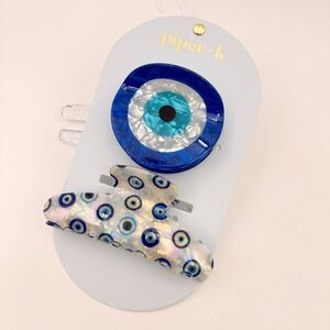 Piper K Evil Eye Hair Claw Clip Set Blue White Iridescent Acetate 2 Piece NWT